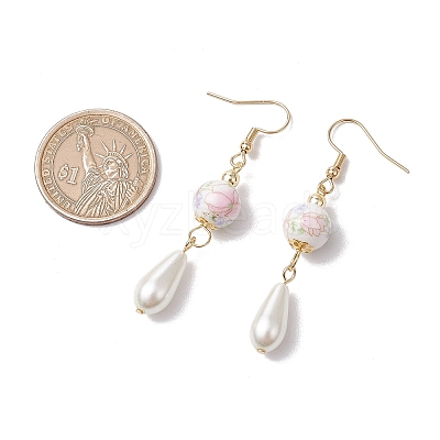 Round with Flower Pattern Porcelain Ceramic Dangle Earrings EJEW-JE06347-03-1