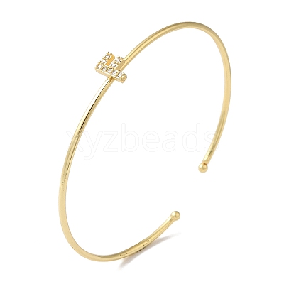Rack Plating Brass Micro Pave Clear Cubic Zirconia Letter Open Cuff Bangles BJEW-A018-01G-F-1