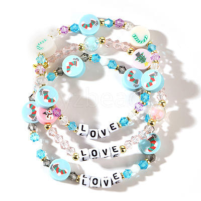 3Pcs Christmas Theme Handmade Polymer Clay & Glass Bicone Beads Stretch Bracelet Sets QY3550-2-1