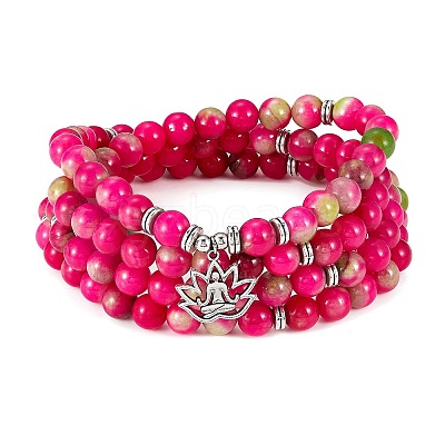 Natural White Jade Round Beaded Wrap Bracelet with Alloy Ohm/Aum Lotus AJEW-PH00503-02-1