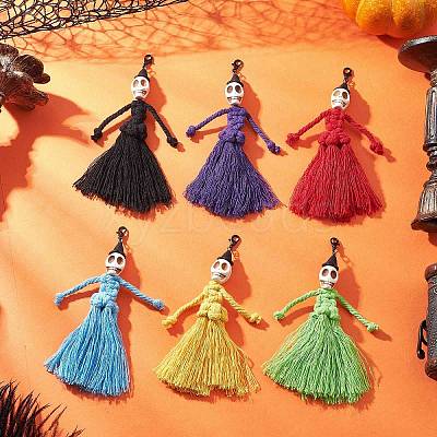 Halloween Cotton Threads Tassel & Synthetic Turquoise Skull Pendant Decorations HJEW-JM03757-1