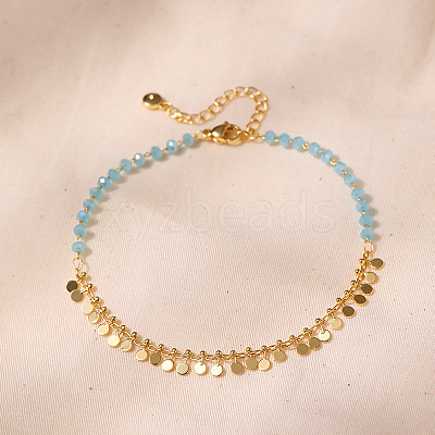 Bohemian Natural Dyed Stone Imitation Aquamarine Faceted Round & Brass Disc Tassel Anklets AJEW-Z046-07G-1