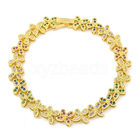 Rack Plating Brass Pave Cubic Zirconia Butterfly Link Bracelets for Women BJEW-B110-05G-01-1