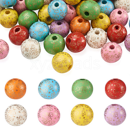 80Pcs 8 Colors Printed  Natural Wood Beads WOOD-FW0001-10-1