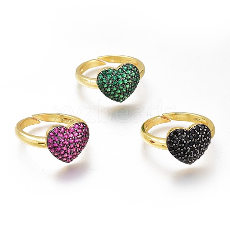 Brass Micro Pave Cubic Zirconia Heart Cuff Rings RJEW-N031-15-1