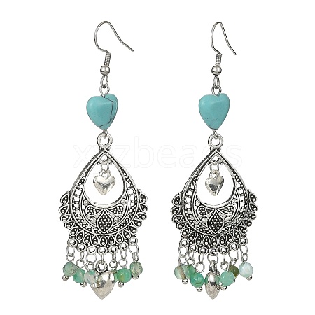 Natural Agate(Dyed) & Synthetic Turquoise Heart Chandelier Earrings EJEW-JE05364-03-1