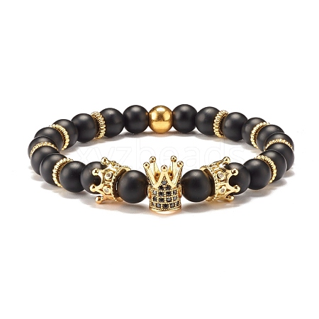 Round Synthetic Black Stone Beaded Stretch Bracelet with Crown for Women BJEW-JB07530-03-1