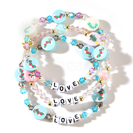 3Pcs Christmas Theme Handmade Polymer Clay & Glass Bicone Beads Stretch Bracelet Sets QY3550-2-1