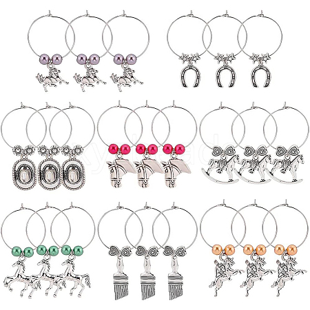 BENECREAT 24Pcs 8 Styles Horseshoe & Brush & Horse & Hat Alloy Wine Glass Charms with Acrylic Pearl AJEW-BC0003-14-1