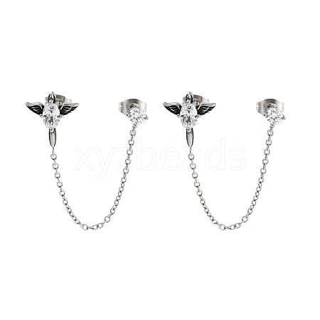 Oval with Wings 316 Surgical Stainless Steel Pave Clear Cubic Zirconia Dangle Chains Stud Earrings EJEW-Z050-63AS-1