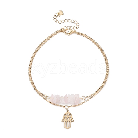 Natural Rose Quartz Chips Beaded & Hamsa Hand Charms Double Layer Multi-strand Bracelet AJEW-AN00511-03-1