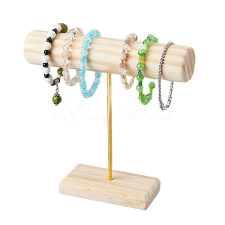 Wood T Bar Bracelet Holder Stand with Goleden Plated Iron Support BDIS-WH0016-02A-1