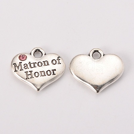 Wedding Theme Antique Silver Tone Tibetan Style Heart with Matron of Honor Rhinestone Charms X-TIBEP-N005-03C-1