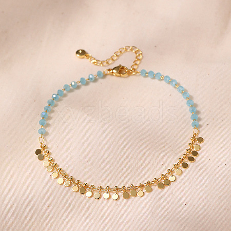 Bohemian Natural Dyed Stone Imitation Aquamarine Faceted Round & Brass Disc Tassel Anklets AJEW-Z046-07G-1