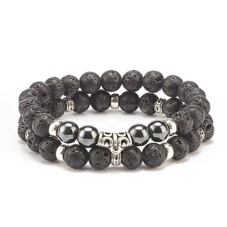 2Pcs 2 Style Natural Lava Rock & Synthetic Hematite Stretch Bracelets Set with Alloy Tube Beaded BJEW-JB08319-1