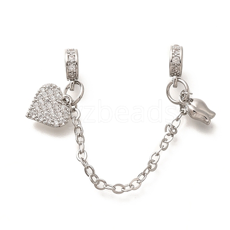 Brass Clear Cubic Zirconia European Safety Chains with Heart & Rose Charms KK-C085-16P-1