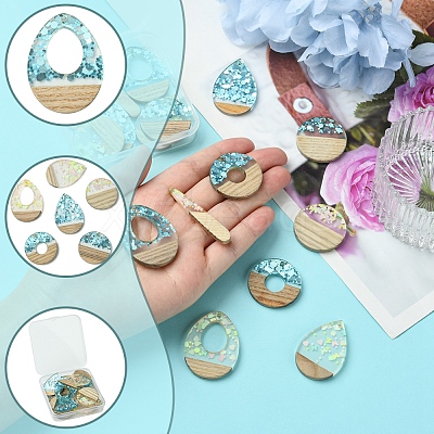16Pcs 8 Styles Transparent Resin & White Wood Pendants RESI-FS0001-82-1