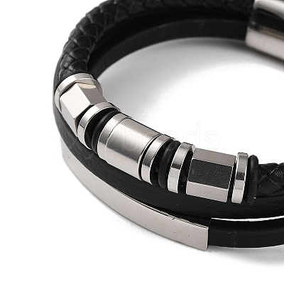 Men's Braided Black PU Leather Cord Multi-Strand Bracelets BJEW-K243-15P-1