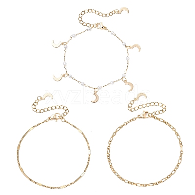 Round ABS Imitation Pearl Beaded Chains & 304 Stainless Steel Cable Chains Stackable Bracelets for Women BJEW-JB12452-01-1