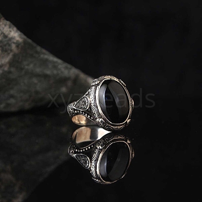 Oval Natural Dyed & Heated Black Agate Finger Rings PW-WG03CB0-01-1
