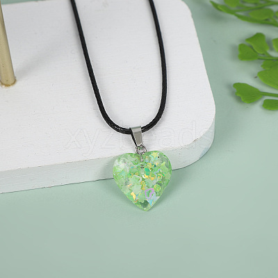 Luminous Heart with Paillette Inside Pendant Black Wax Cord Necklaces FS-WGF75A0-07-1