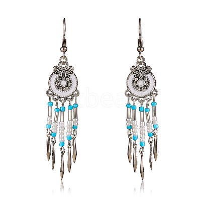 Bohemian Style Alloy Enamel Flat Round Tassel Chandelier Earrings FS-WG14215-05-1