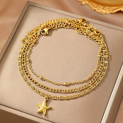 Summer Beach 304 Stainless Steel Starfish Charms 3 Layer Anklets for Women AJEW-F068-01G-1