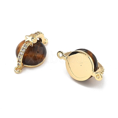 Brass Pave Natural Tiger Eye Planet Connector Charms KK-B129-03G-1