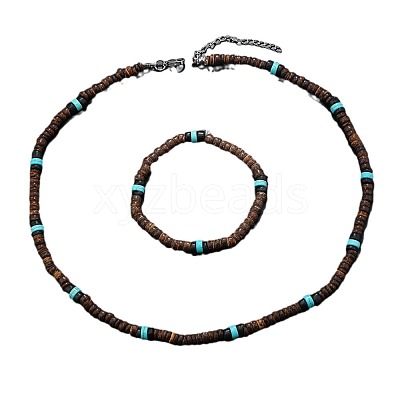 Bohemian Style Coconut Shell with Synthetic Turquoise Rondelle Beaded Necklaces & Bracelets Sets FS-WG8D889-05-1