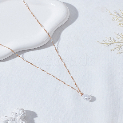 1Pc ABS Plastic Imitation Pearl Teardrop Pendant Iron Chain Necklaces NJEW-LP0009-35-1