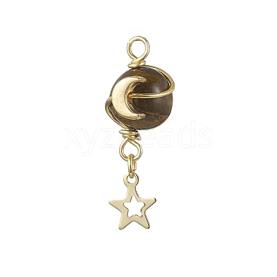 Synthetic Moonstone & Imperial Jasper & Natural Tiger Eye & Carnelian(Dyed & Heated) & Yellow Jade Round Copper Wire Wrapped Planet Pendants PALLOY-JF04546-1