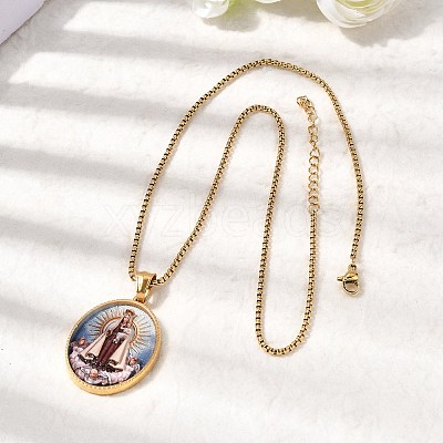 Unisex Religion 304 Stainless Steel Enamel Oval Pendant Box Chain Necklaces STAS-H258-02G-02-1