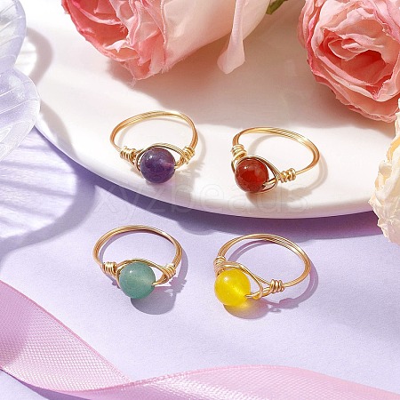 Round Natural Green Aventurine & Carnelian & Amethyst & Dyed Malaysia Finger Rings RJEW-JR00804-1