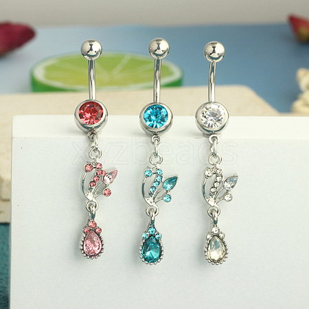 304 Stainless Steel Cubic Zirconia Teardrop Dangle Belly Rings WG60E11-03-1