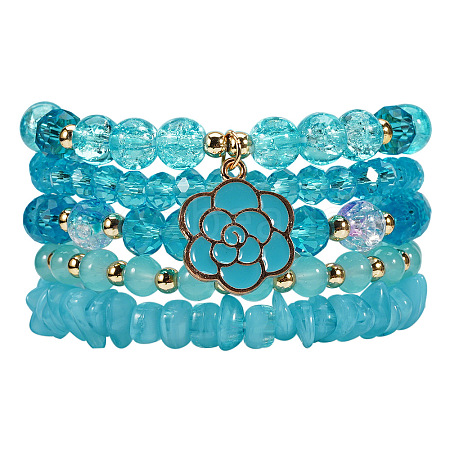Bohemian Glass & Plastic Beads Strertch Bracelets & Camellia Zinc Alloy Enamel Charm Bracelets FS-WG4AF45-02-1