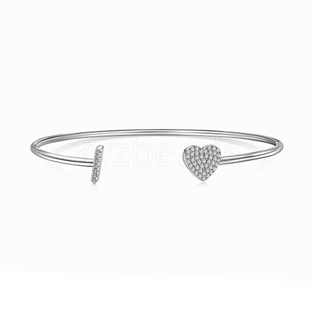 Anti-Tarnish Heart & Letter Rhodium Plated 925 Sterling Silver Micro Pave Cubic Zirconia Cuff Bangles for Women BJEW-C062-01I-P-1