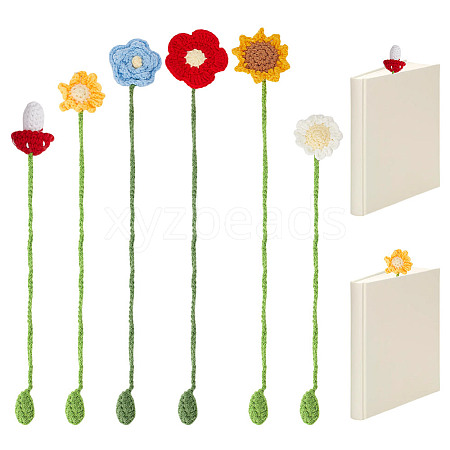 6Pcs 6 Styles Flower & Mushroom & Leaf Handmade Woven Woolen Yarn Bookmarks HJEW-HY0001-19-1