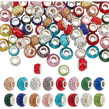  100Pcs 2 Style Polymer Clay Rhinestone & Resin European Large Hole Beads with Silver Color Plated Brass Cores FPDL-NB0001-04-1