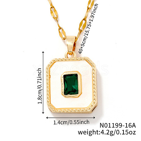 Elegant Vintage Brass Green Cubic Zirconia Square Pendant Dapped Chain Necklace for Women CS0591-2-1