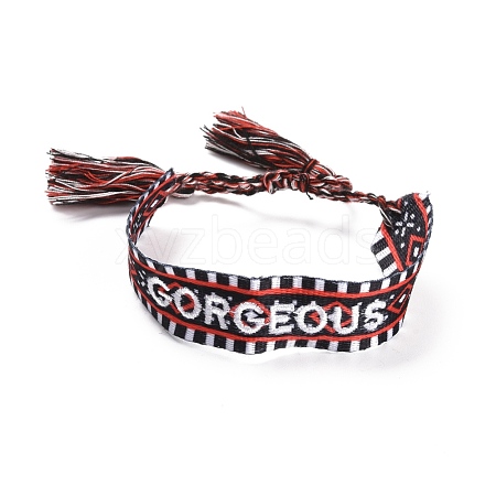 Word Gorgeous Polycotton(Polyester Cotton) Braided Bracelet with Tassel Charm BJEW-F429-03-1