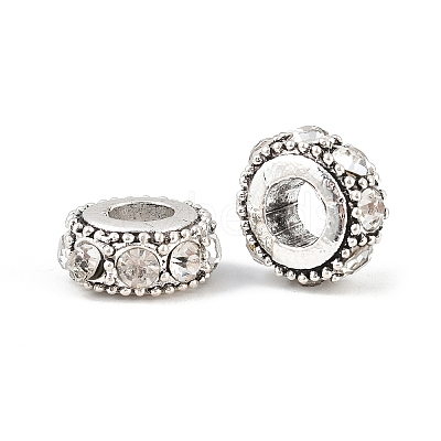 Flat Round Antique Silver Plated Alloy Rhinestone European Beads ALRI-Q228-10H-1