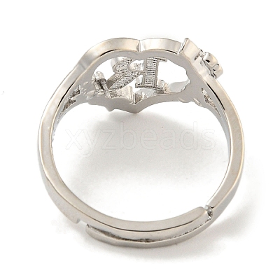 Heart with Letter & Flower Rack Plating Brass Adjustable Rings for Women RJEW-I105-05P-R-1