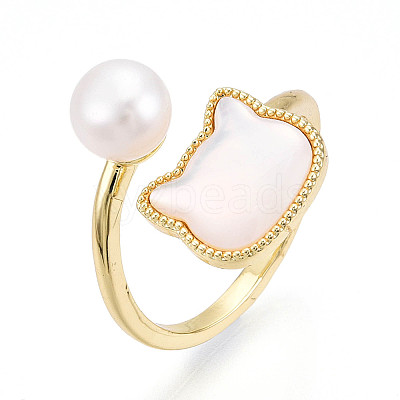 Brass & Natural Pearls Adjustable Open Cuff Rings for Women PEAR-N020-07J-1