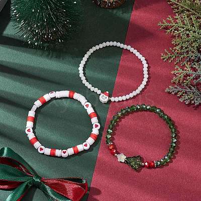 3Pcs 3 Styles Polymer Clay & Glass Beaded Stretch Bracelet Sets BJEW-JB10676-1
