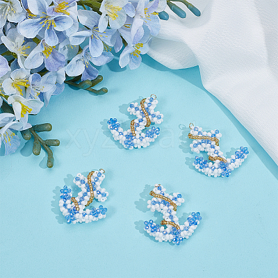 4Pcs Glass Seed Beaded Anchor Pendants PALLOY-GO00066-1