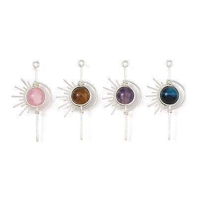 4Pcs 4 Styles Dyed Natural Green Jade & Amethyst & Yellow Tiger Eye & Dyed Blue Tiger Eye Round Wire Wrapped Pendants PALLOY-TA00451-1