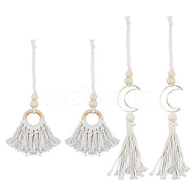 4Pcs 2 Styles Natural Wood Bead Tassel Pendant Decoraiton HJEW-FH00189-1