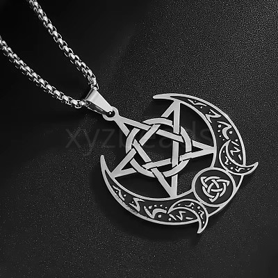 Moon Pentagram 201 Stainless Steel Pendant Necklaces for Women Men FS-WG0AEB1-01-1