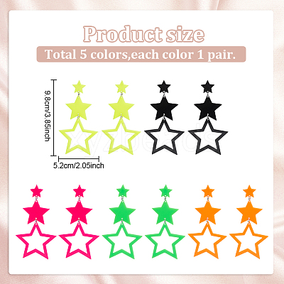 5 Pairs 5 Colors Hollow Star Acrylic Dangle Stud Earrings for Woman EJEW-AN0004-10-1