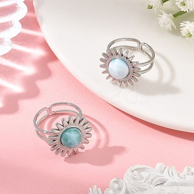 Natural Larimar Cabochons & Stainless Steel Cuff Open Rings RJEW-JR01090-02-1